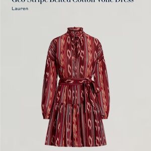 Geo Stripe Belted Cotton Voile Dress - Red